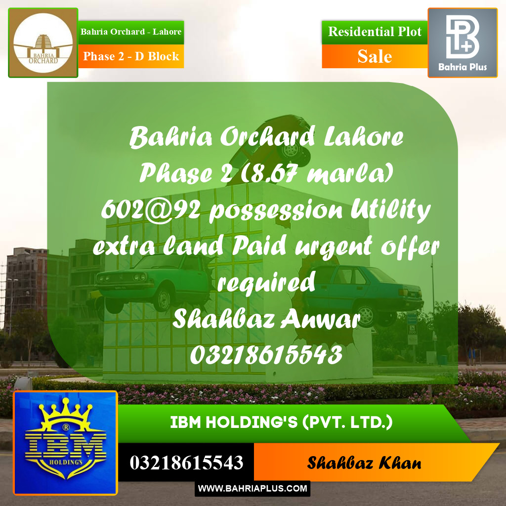 8.67 Marla Residential Plot for Sale in Phase 2 - D Block -  Bahria Orchard, Lahore - (BP-349672)