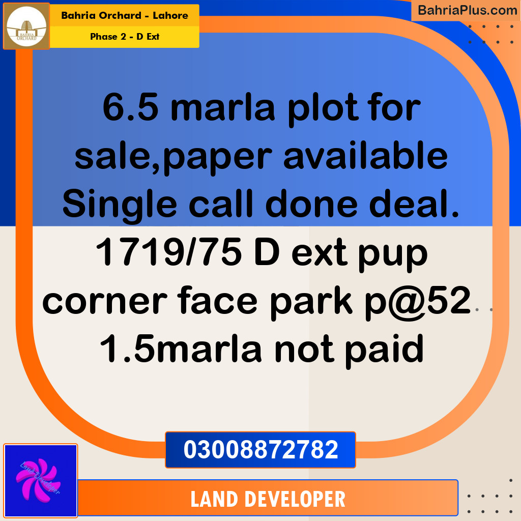 6 Marla Residential Plot for Sale in Phase 2 - D Ext -  Bahria Orchard, Lahore - (BP-349929)