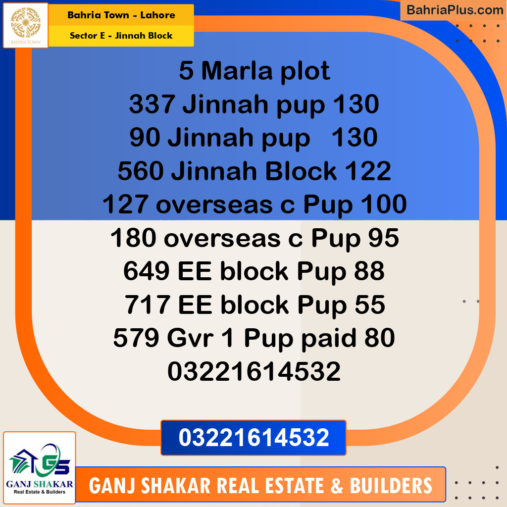 5 Marla Residential Plot for Sale in Sector E - Jinnah Block -  Bahria Town, Lahore - (BP-349998)