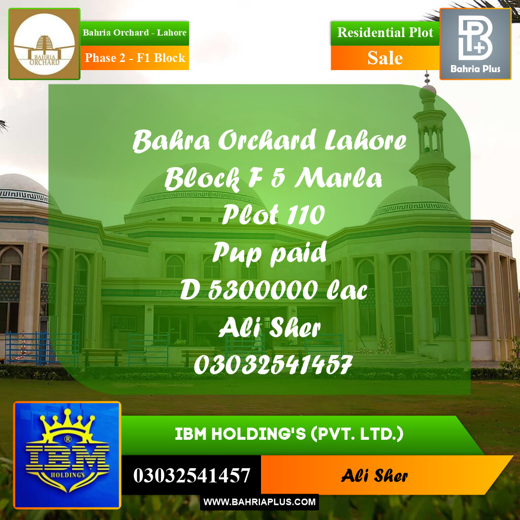 5 Marla Residential Plot for Sale in Phase 2 - F1 Block -  Bahria Orchard, Lahore - (BP-350355)