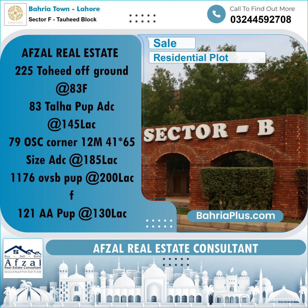 10 Marla Residential Plot for Sale in Sector F - Tauheed Block -  Bahria Town, Lahore - (BP-350457)