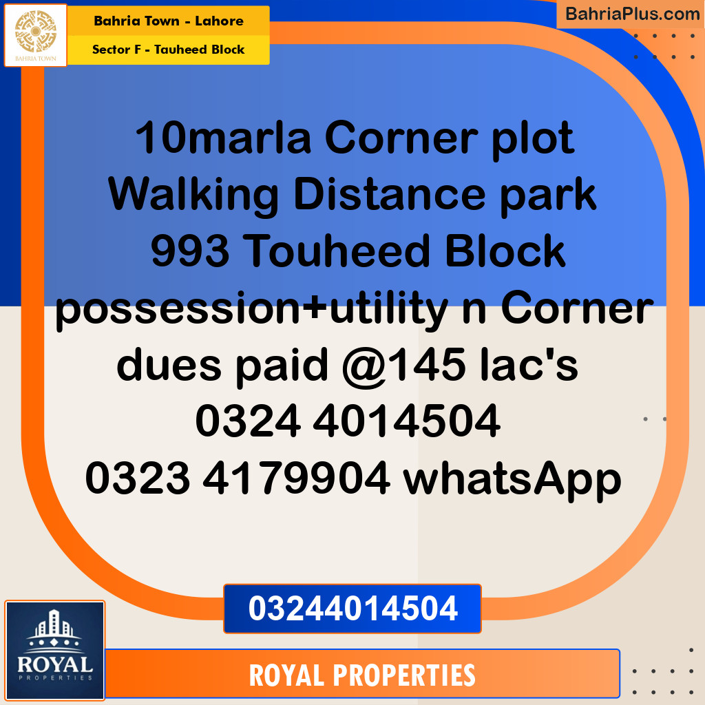Residential Plot for Sale in Sector F - Tauheed Block -  Bahria Town, Lahore - (BP-350544)