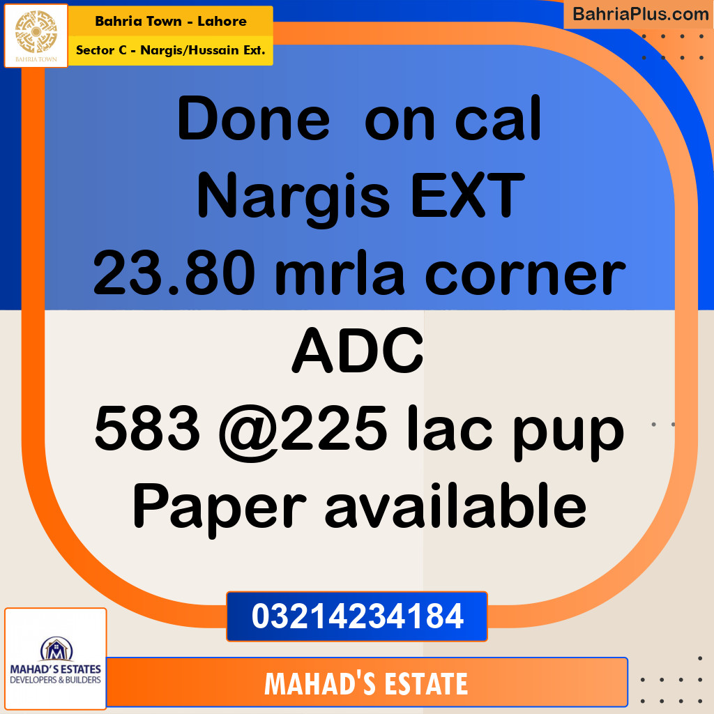 1 Kanal Residential Plot for Sale in Sector C - Nargis/Hussain Ext. -  Bahria Town, Lahore - (BP-350679)