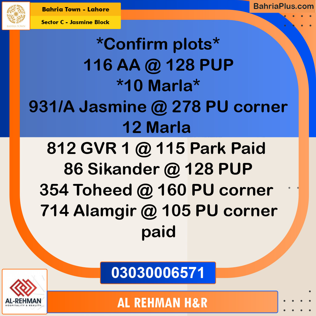 10 Marla Residential Plot for Sale in Sector C - Jasmine Block -  Bahria Town, Lahore - (BP-350682)