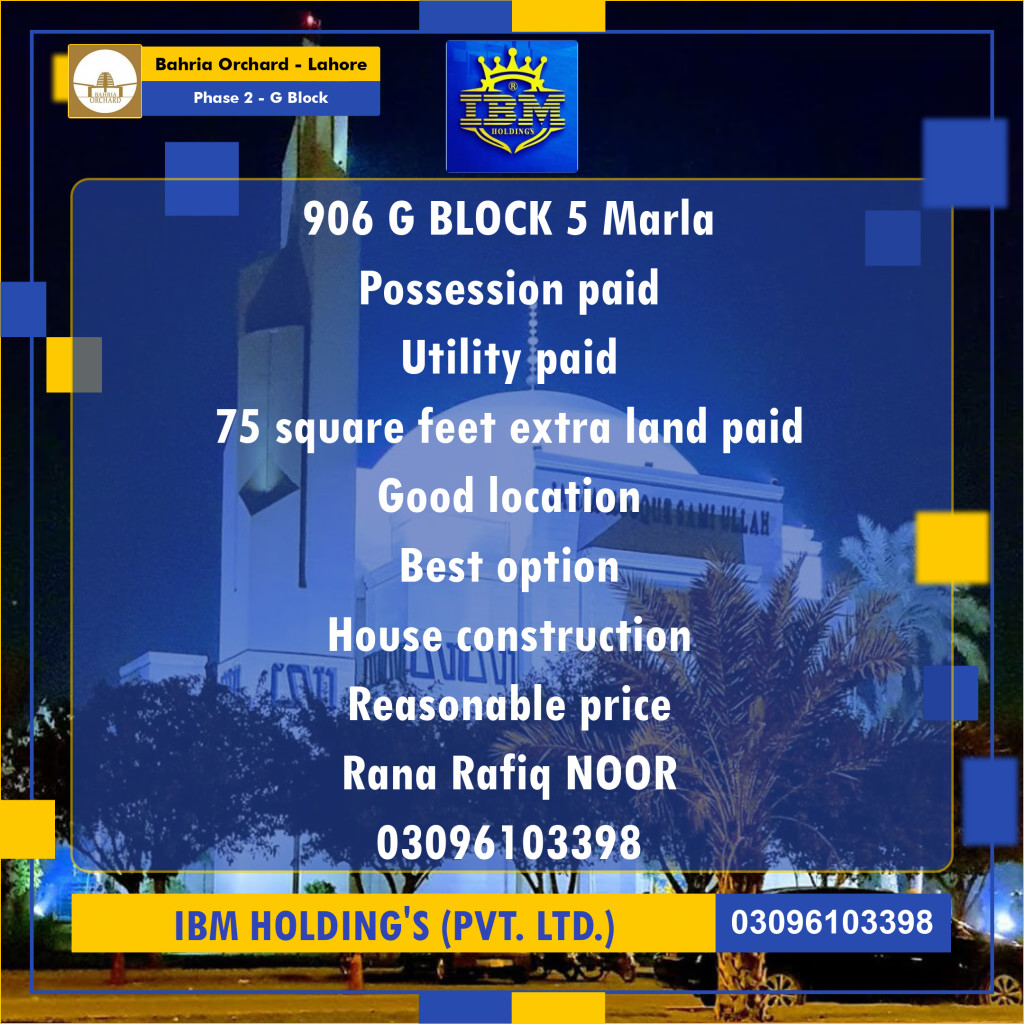 5 Marla Residential Plot for Sale in Phase 2 - G Block -  Bahria Orchard, Lahore - (BP-350721)