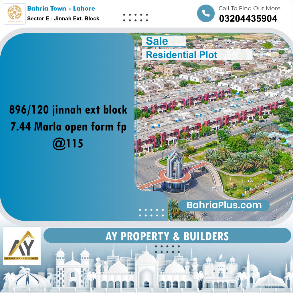 7 Marla Residential Plot for Sale in Sector E - Jinnah Ext. Block -  Bahria Town, Lahore - (BP-350785)