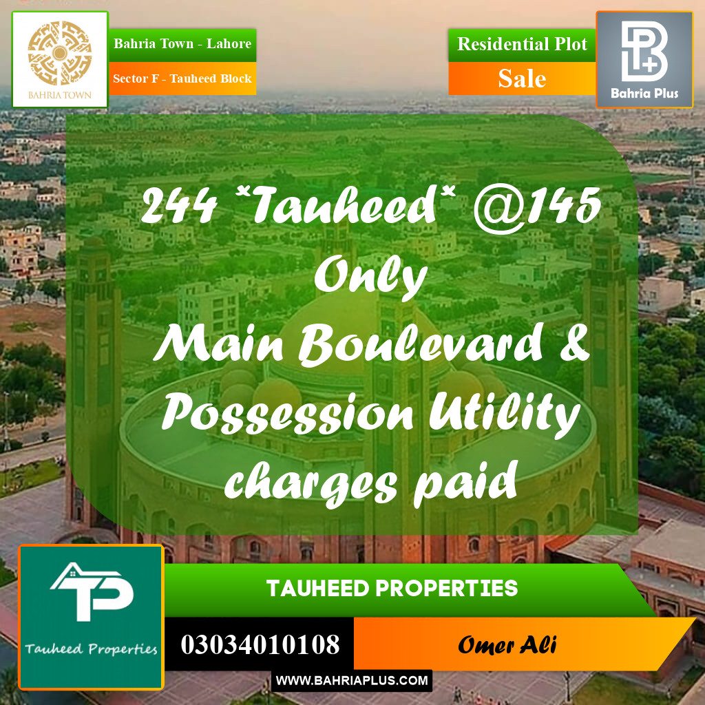 10 Marla Residential Plot for Sale in Sector F - Tauheed Block -  Bahria Town, Lahore - (BP-350876)