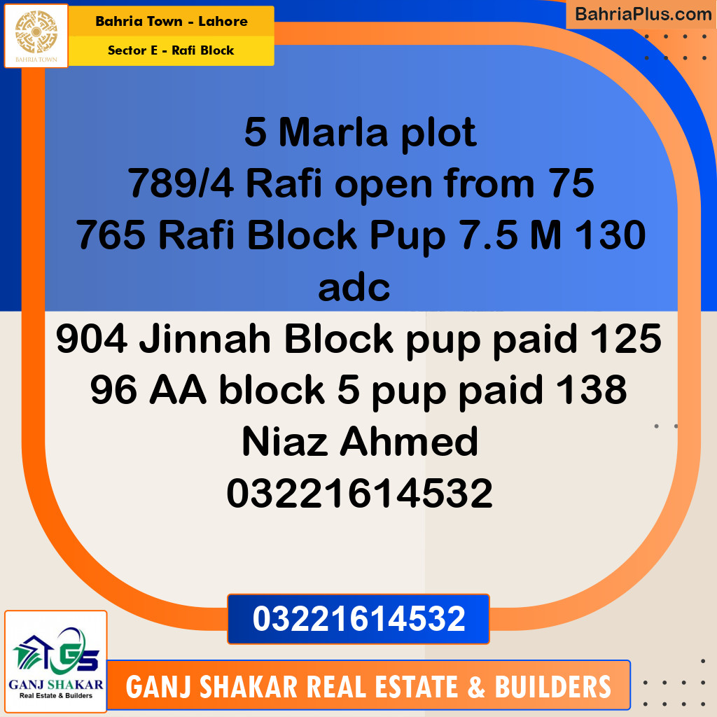 5 Marla Residential Plot for Sale in Sector E - Rafi Block -  Bahria Town, Lahore - (BP-350926)