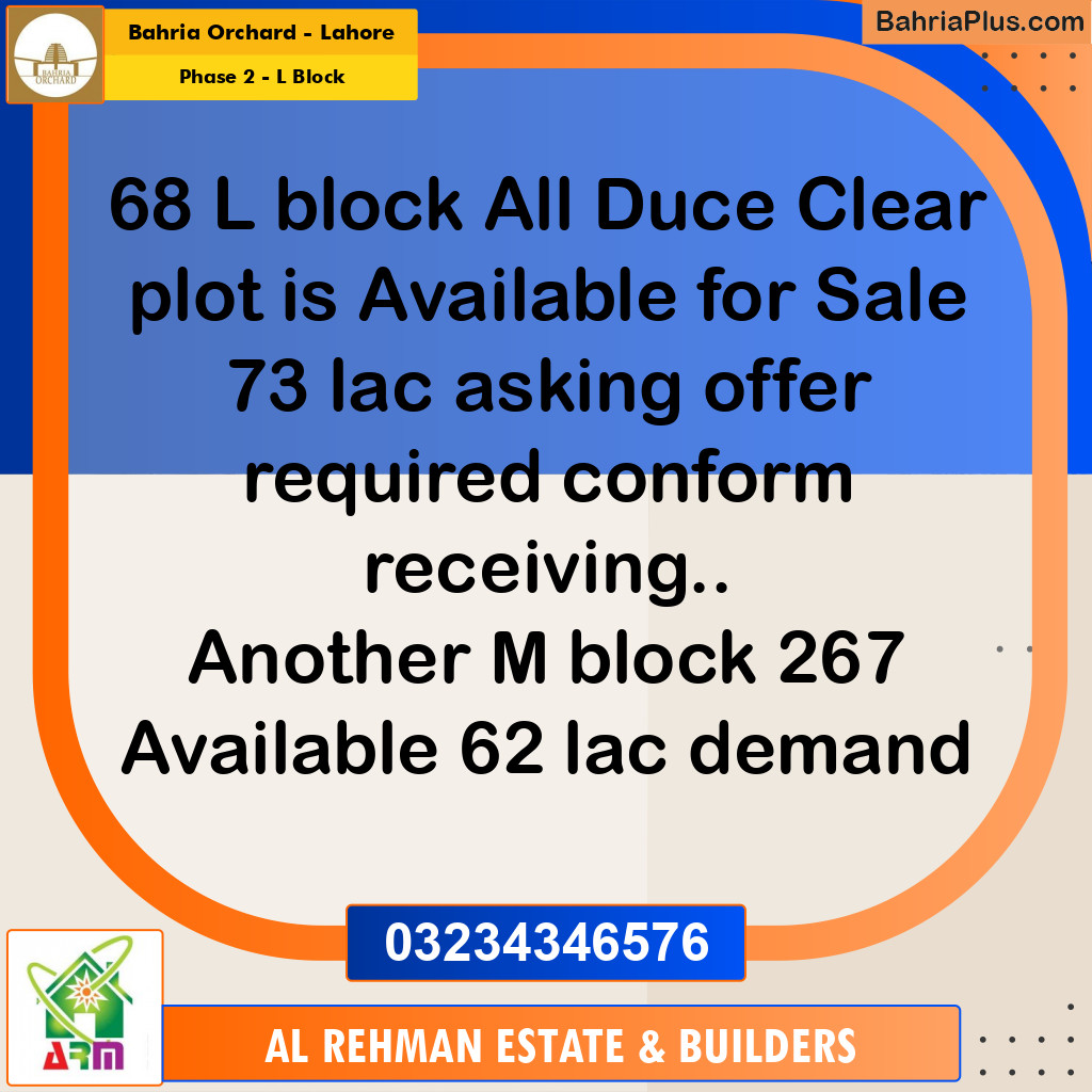 5 Marla Residential Plot for Sale in Phase 2 - L Block -  Bahria Orchard, Lahore - (BP-350990)