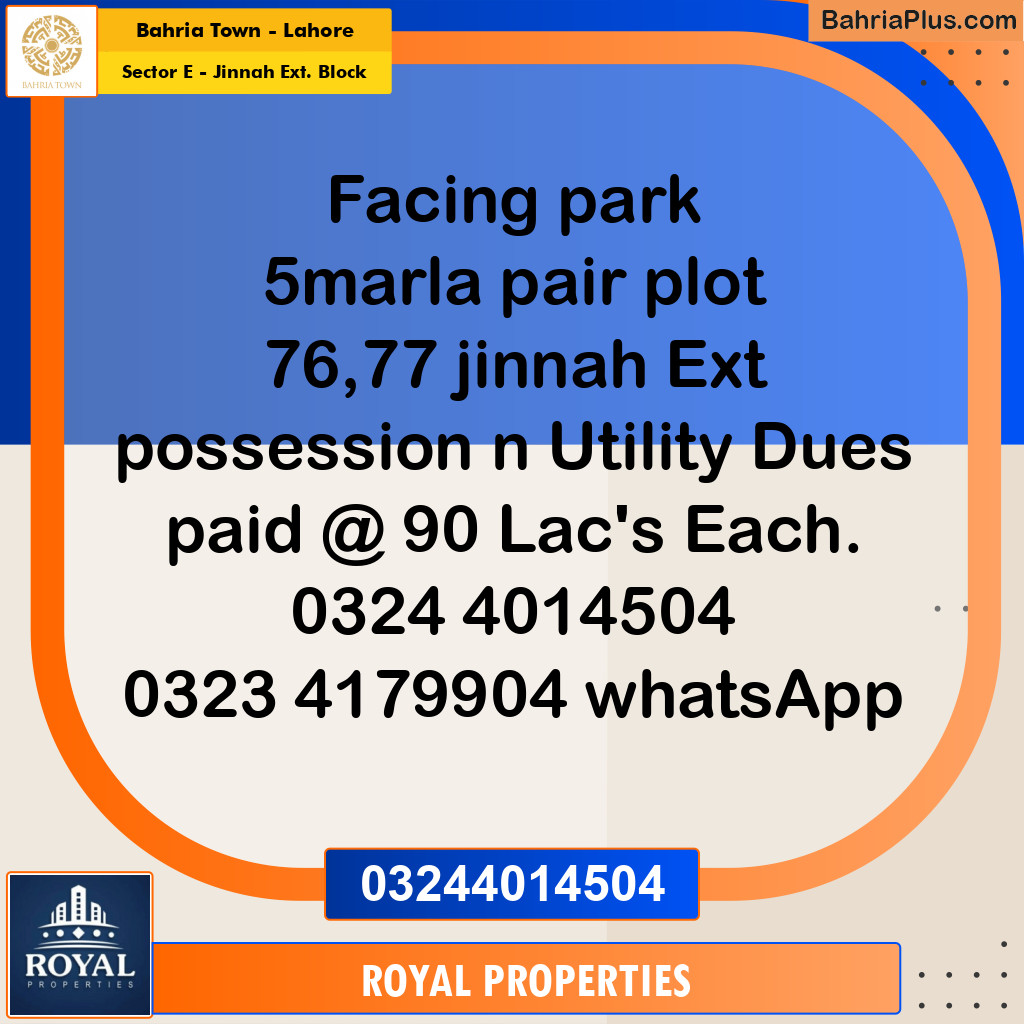 Residential Plot for Sale in Sector E - Jinnah Ext. Block -  Bahria Town, Lahore - (BP-351073)