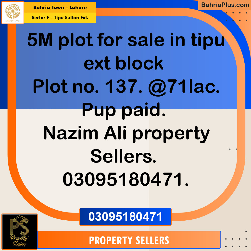 5 Marla Residential Plot for Sale in Sector F - Tipu Sultan Ext. -  Bahria Town, Lahore - (BP-351170)