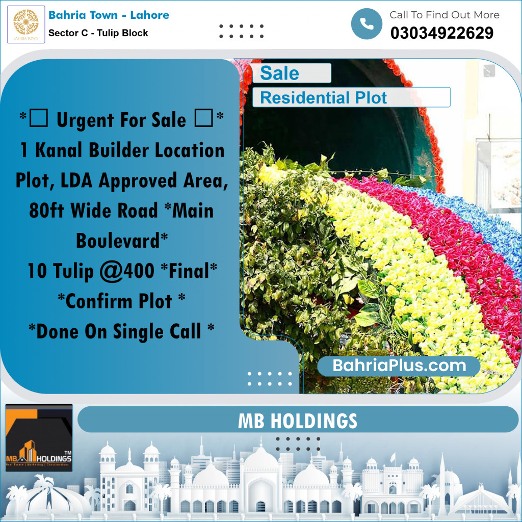 1 Kanal Residential Plot for Sale in Sector C - Tulip Block -  Bahria Town, Lahore - (BP-351368)