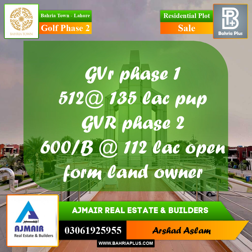 Residential Plot for Sale in Golf Phase 2 -  Bahria Town, Lahore - (BP-351431)