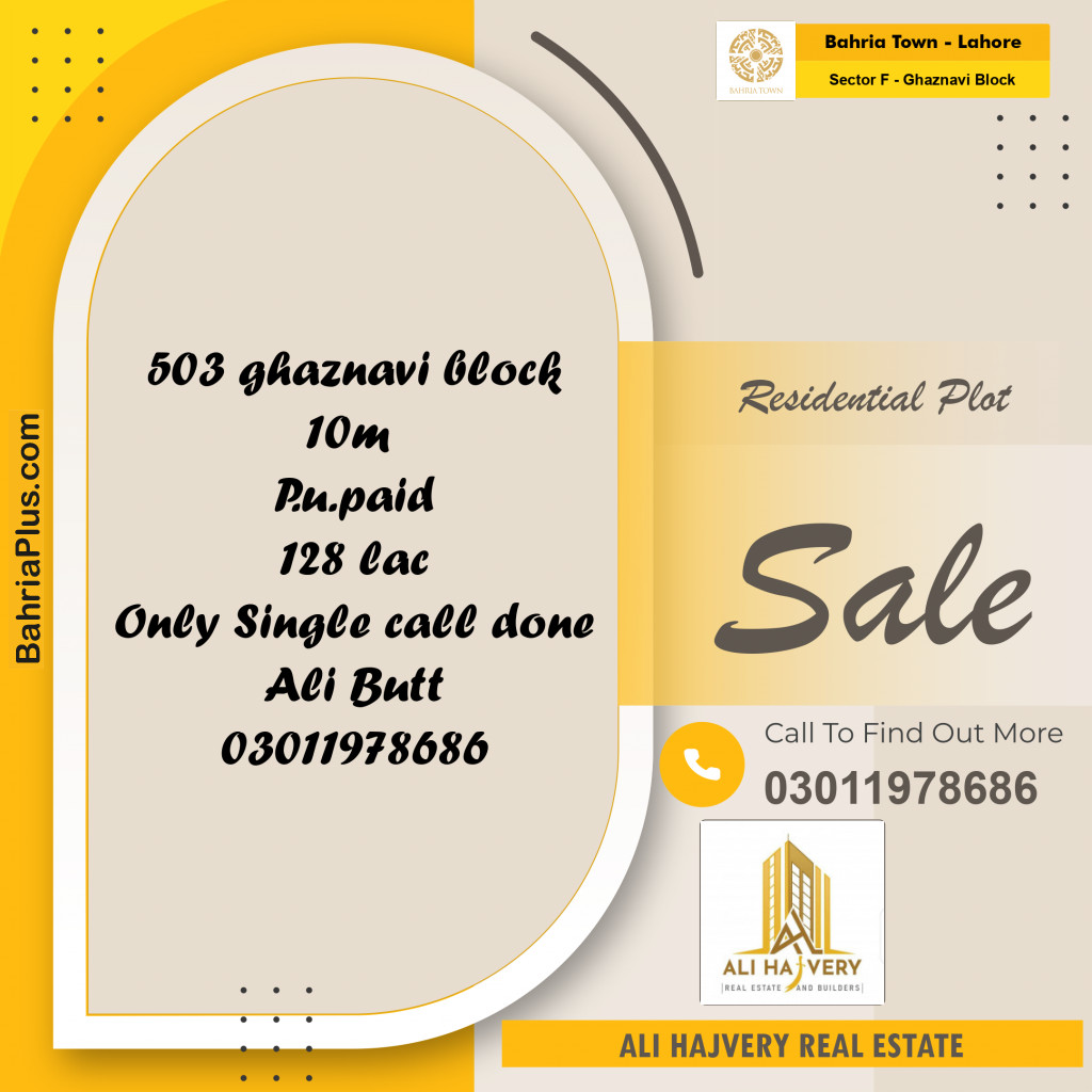 10 Marla Residential Plot for Sale in Sector F - Ghaznavi Block -  Bahria Town, Lahore - (BP-351515)