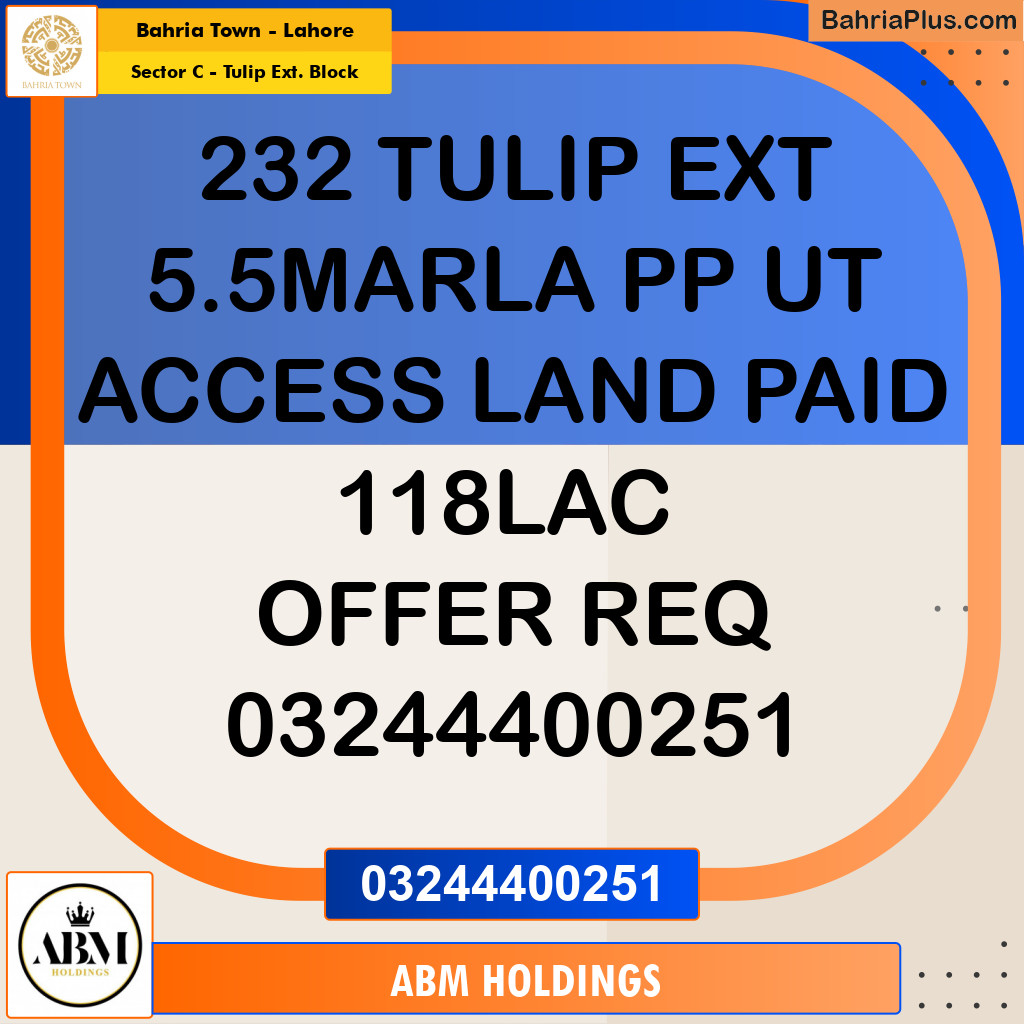 5 Marla Residential Plot for Sale in Sector C - Tulip Ext. Block -  Bahria Town, Lahore - (BP-351664)