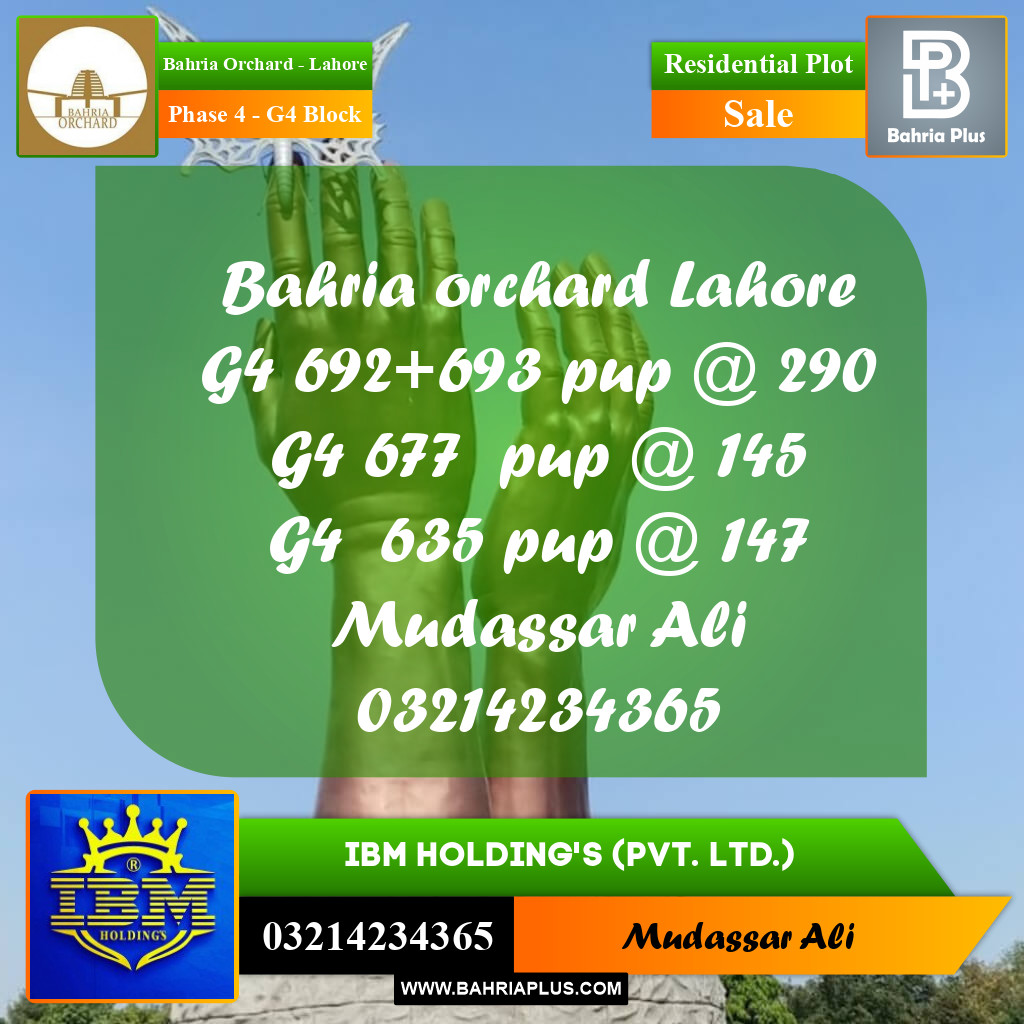 20 Marla Residential Plot for Sale in Phase 4 - G4 Block -  Bahria Orchard, Lahore - (BP-351739)