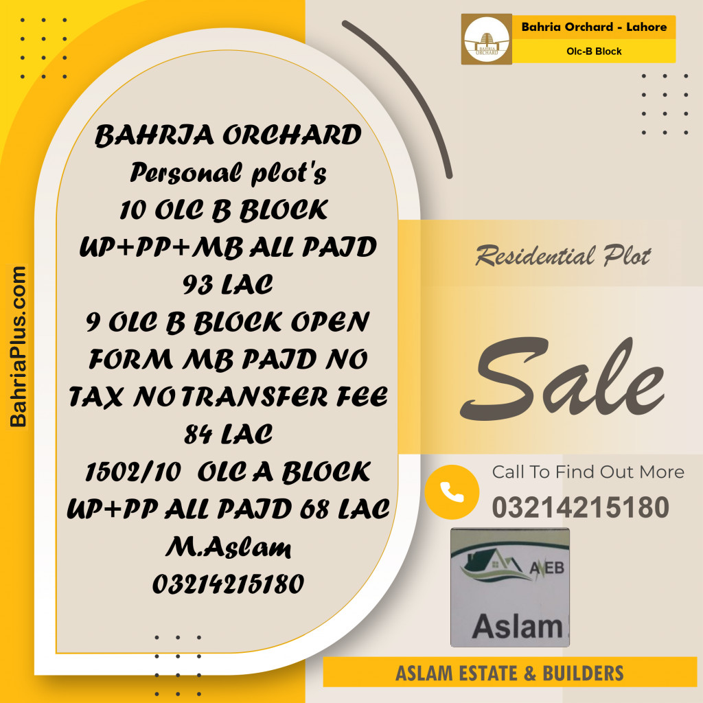8 Marla Residential Plot for Sale in OLC-B Block -  Bahria Orchard, Lahore - (BP-351752)