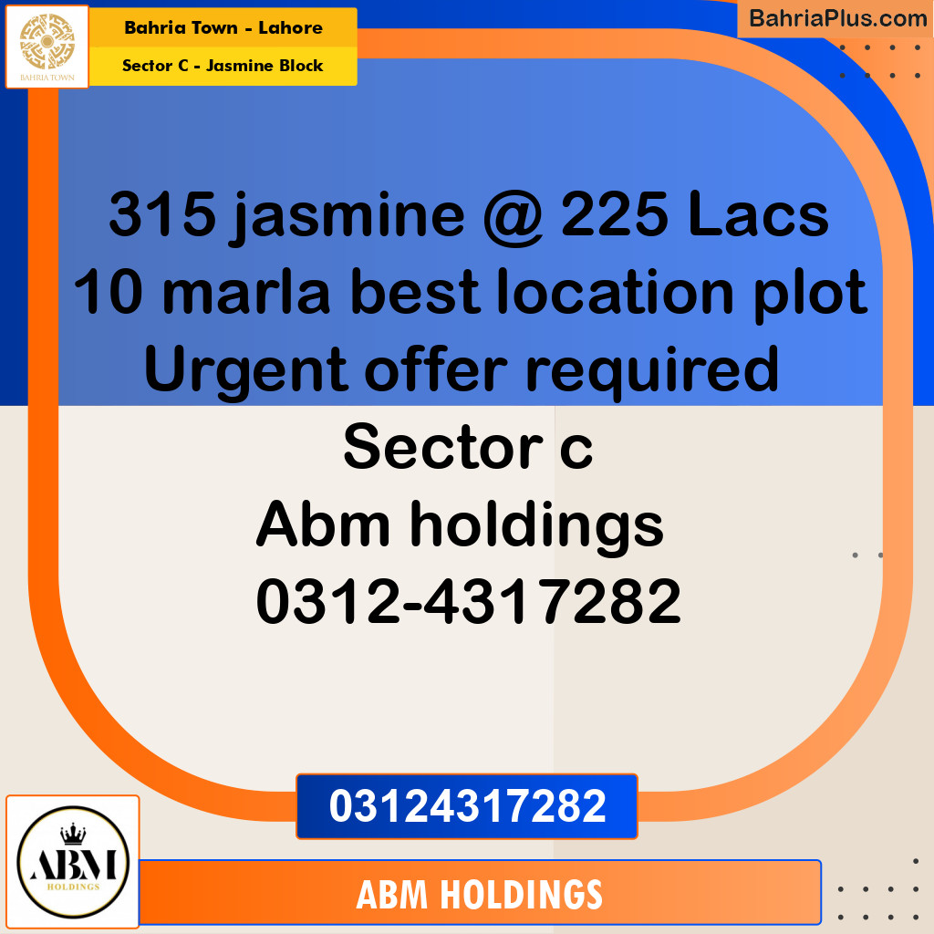 10 Marla Residential Plot for Sale in Sector C - Jasmine Block -  Bahria Town, Lahore - (BP-352104)