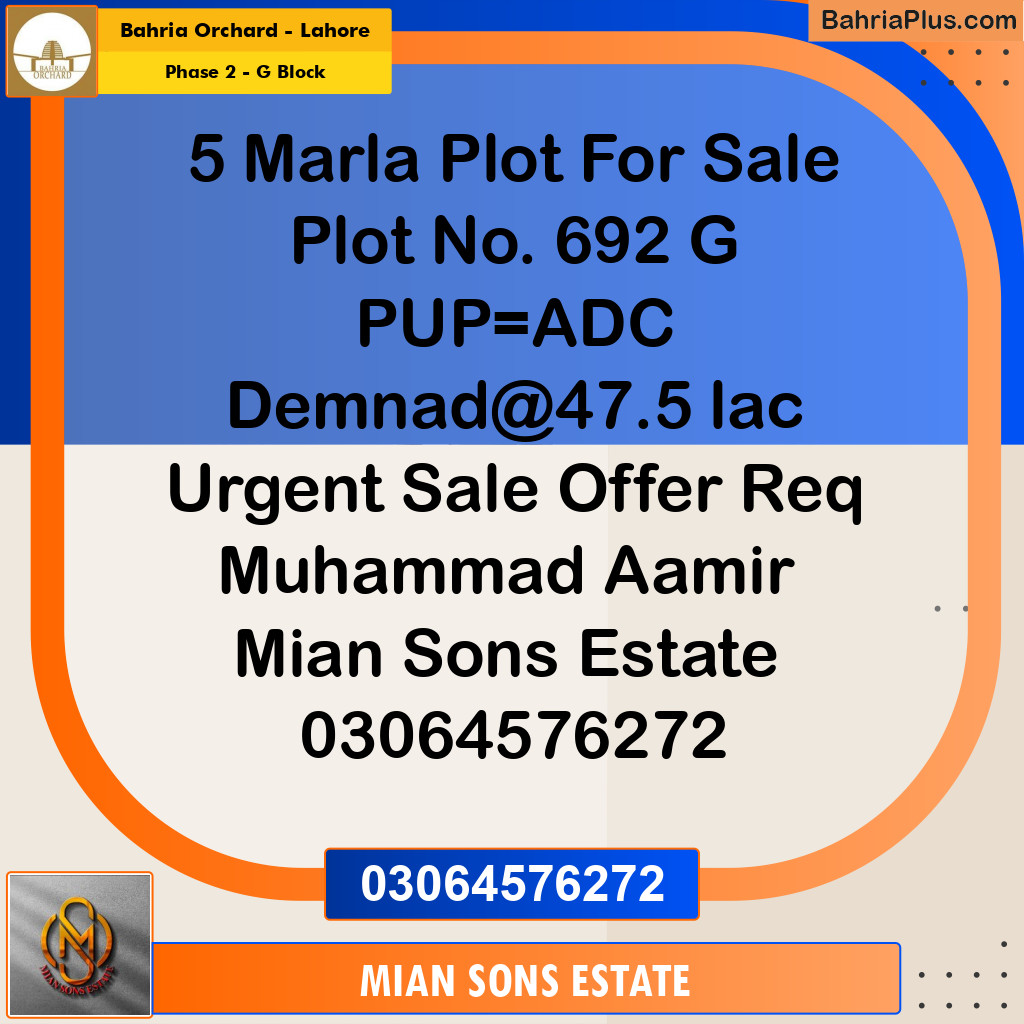 5 Marla Residential Plot for Sale in Phase 2 - G Block -  Bahria Orchard, Lahore - (BP-352128)