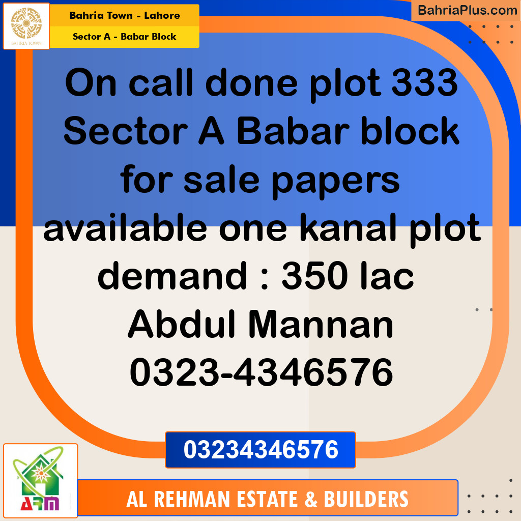 1 Kanal Residential Plot for Sale in Sector A - Babar Block -  Bahria Town, Lahore - (BP-352132)