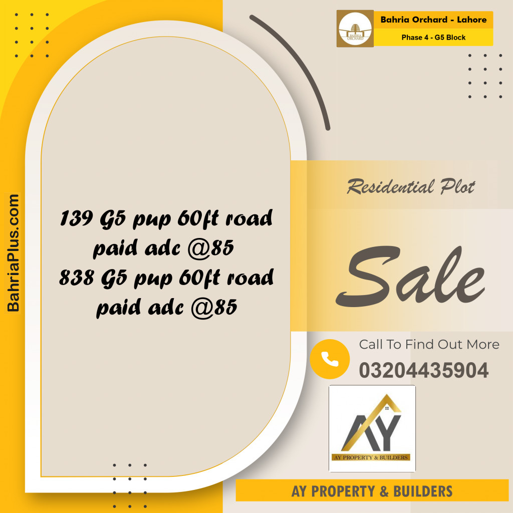 10 Marla Residential Plot for Sale in Phase 4 - G5 Block -  Bahria Orchard, Lahore - (BP-352196)