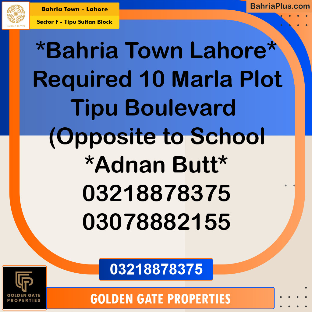 10 Marla Residential Plot for Sale in Sector F - Tipu Sultan Block -  Bahria Town, Lahore - (BP-352208)