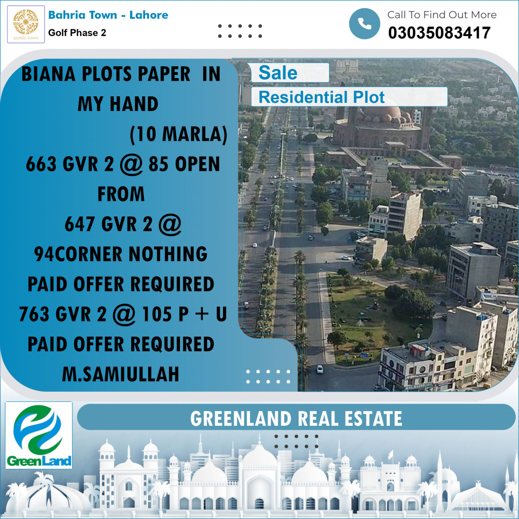 10 Marla Residential Plot for Sale in Golf Phase 2 -  Bahria Town, Lahore - (BP-352298)