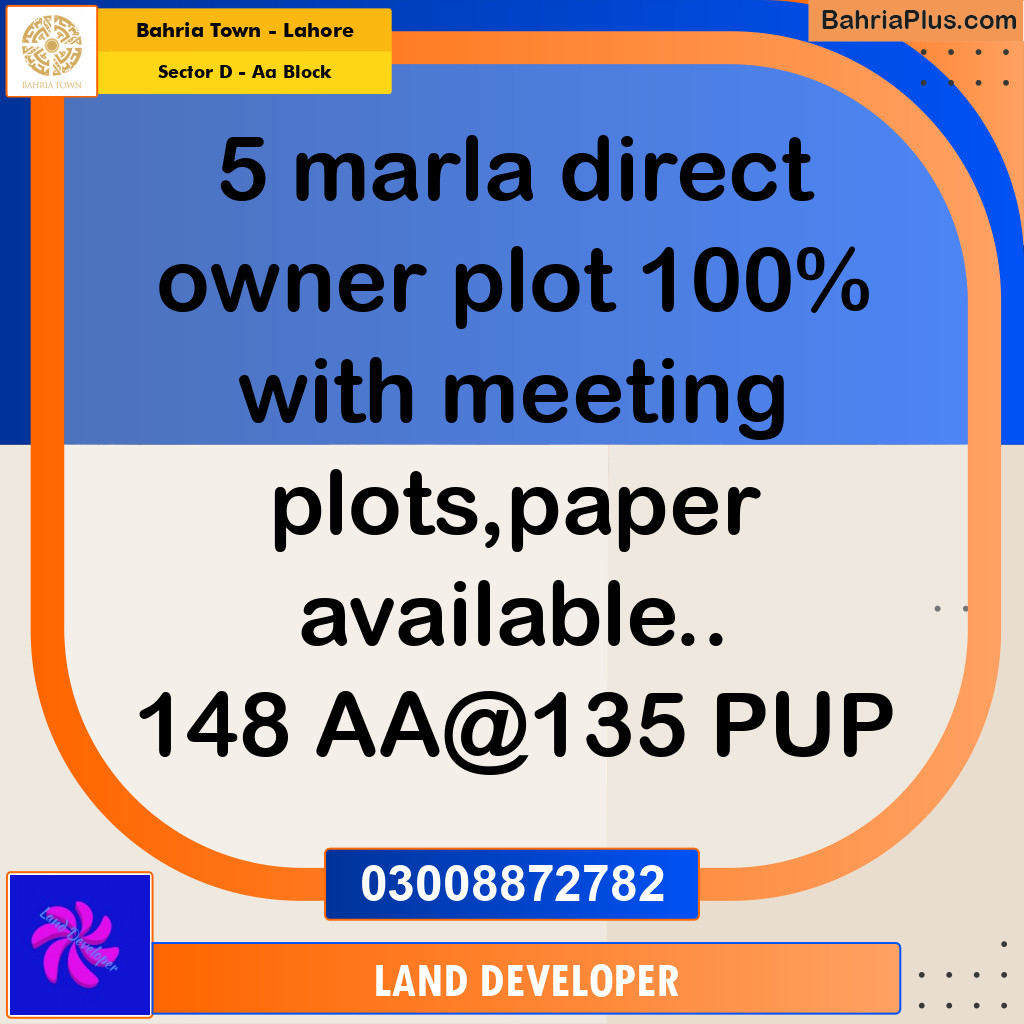 5 Marla Residential Plot for Sale in Sector D - AA Block -  Bahria Town, Lahore - (BP-352356)