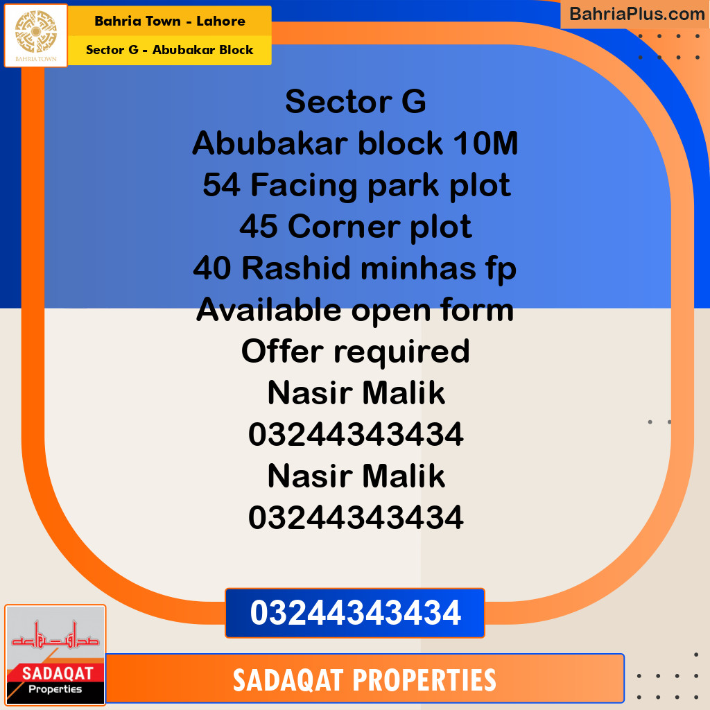 10 Marla Residential Plot for Sale in Sector G - Abubakar Block -  Bahria Town, Lahore - (BP-352391)
