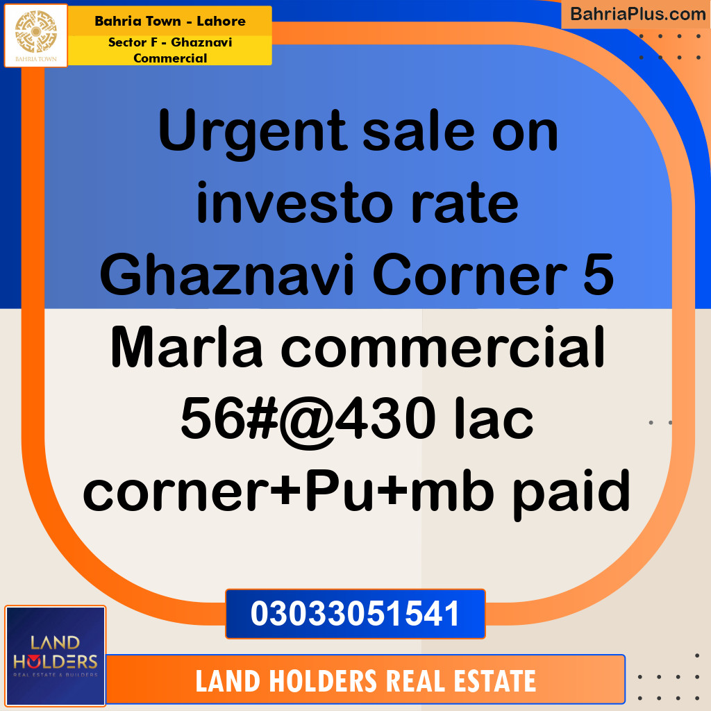 5 Marla Residential Plot for Sale in Sector F - Ghaznavi Commercial -  Bahria Town, Lahore - (BP-352544)