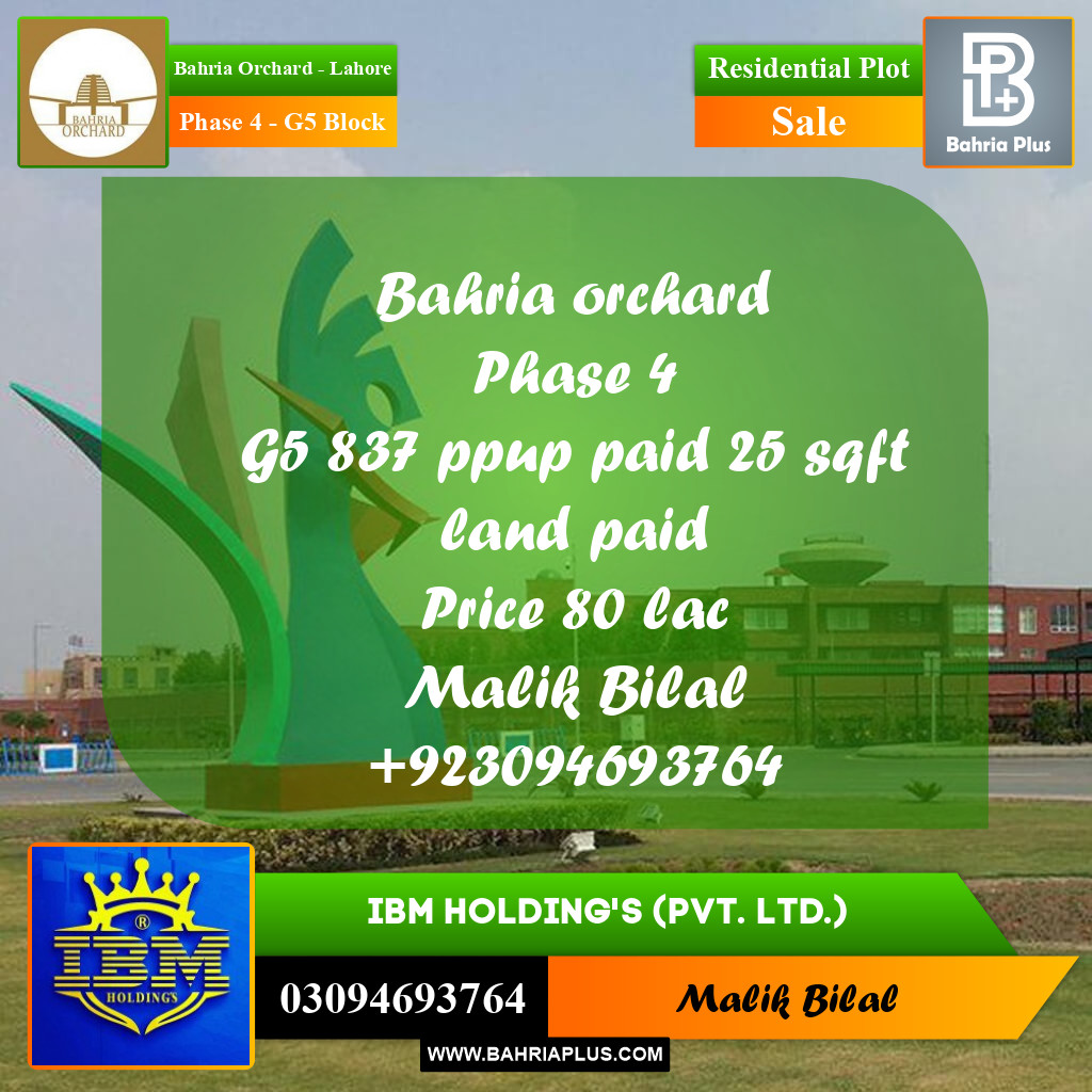 10 Marla Residential Plot for Sale in Phase 4 - G5 Block -  Bahria Orchard, Lahore - (BP-352586)