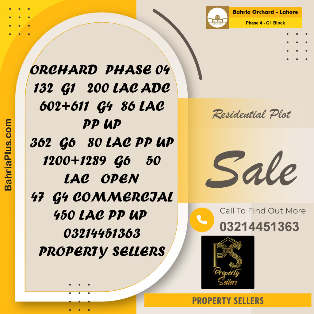 20 Marla Residential Plot for Sale in Phase 4 - G1 Block -  Bahria Orchard, Lahore - (BP-352613)