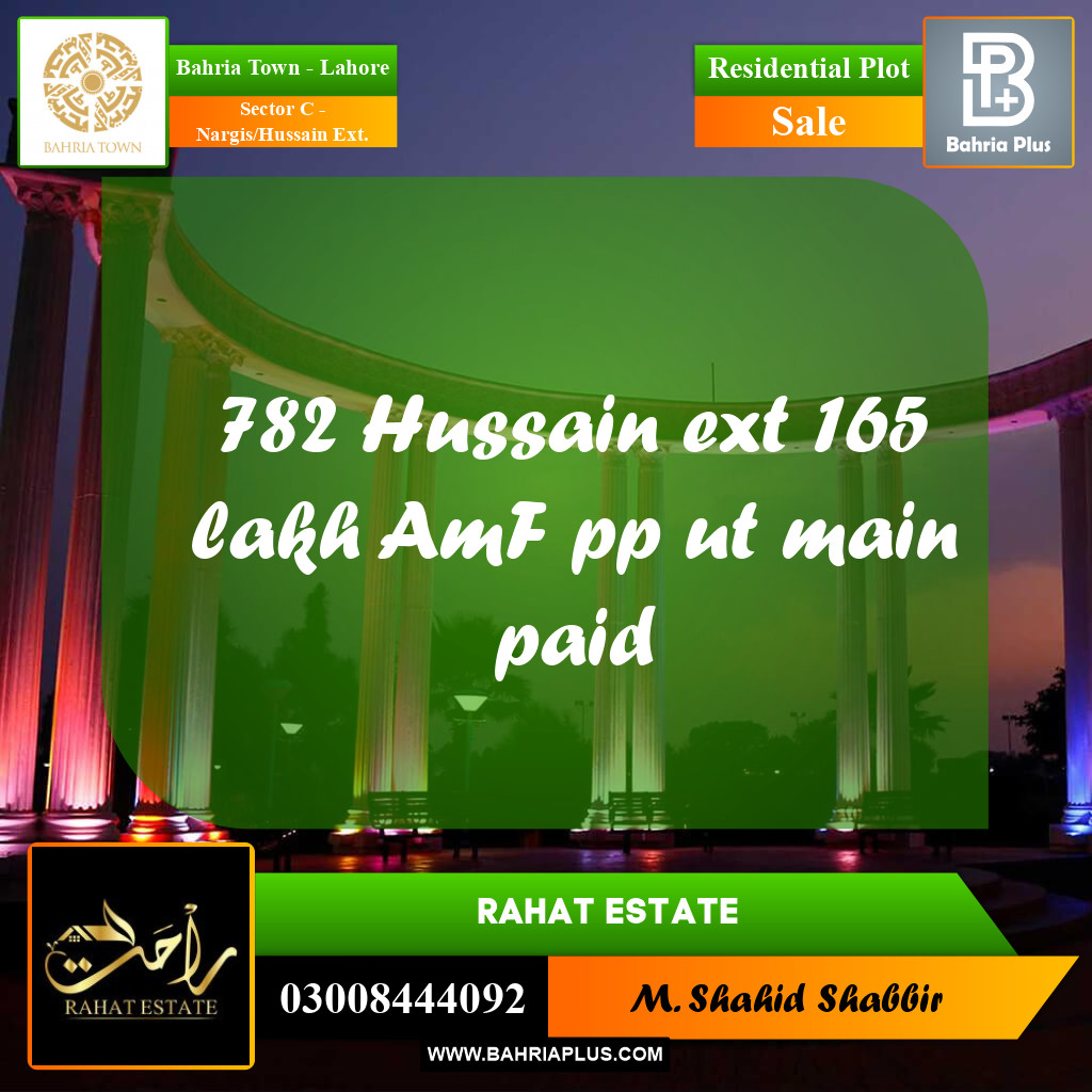 20 Marla Residential Plot for Sale in Sector C - Nargis/Hussain Ext. -  Bahria Town, Lahore - (BP-352846)