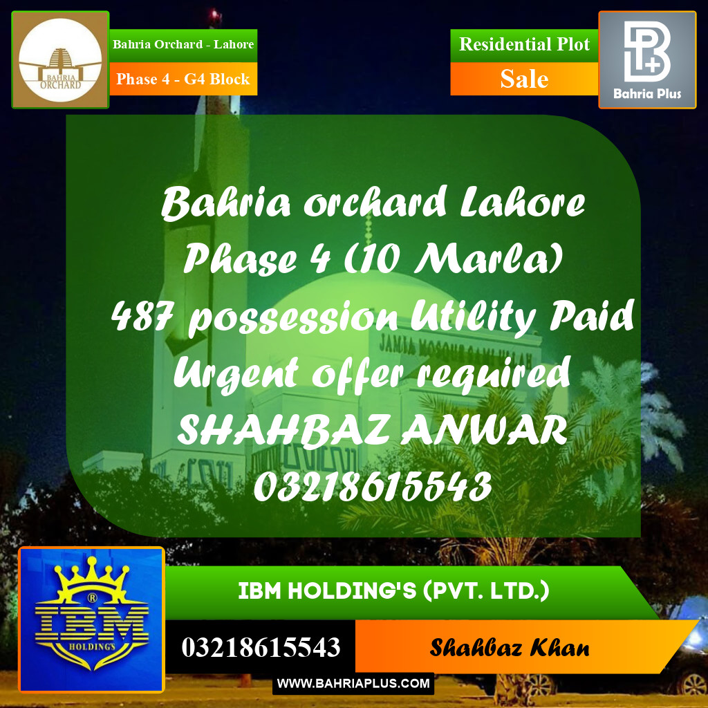 10 Marla Residential Plot for Sale in Phase 4 - G4 Block -  Bahria Orchard, Lahore - (BP-353103)
