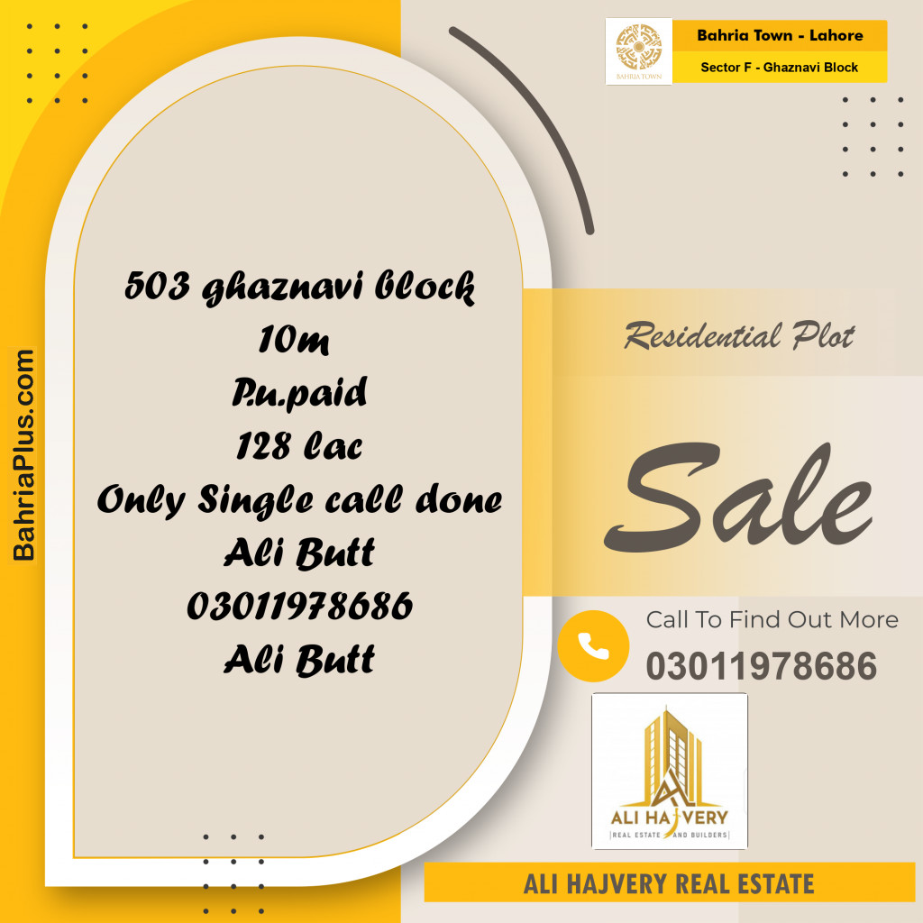 10 Marla Residential Plot for Sale in Sector F - Ghaznavi Block -  Bahria Town, Lahore - (BP-353241)