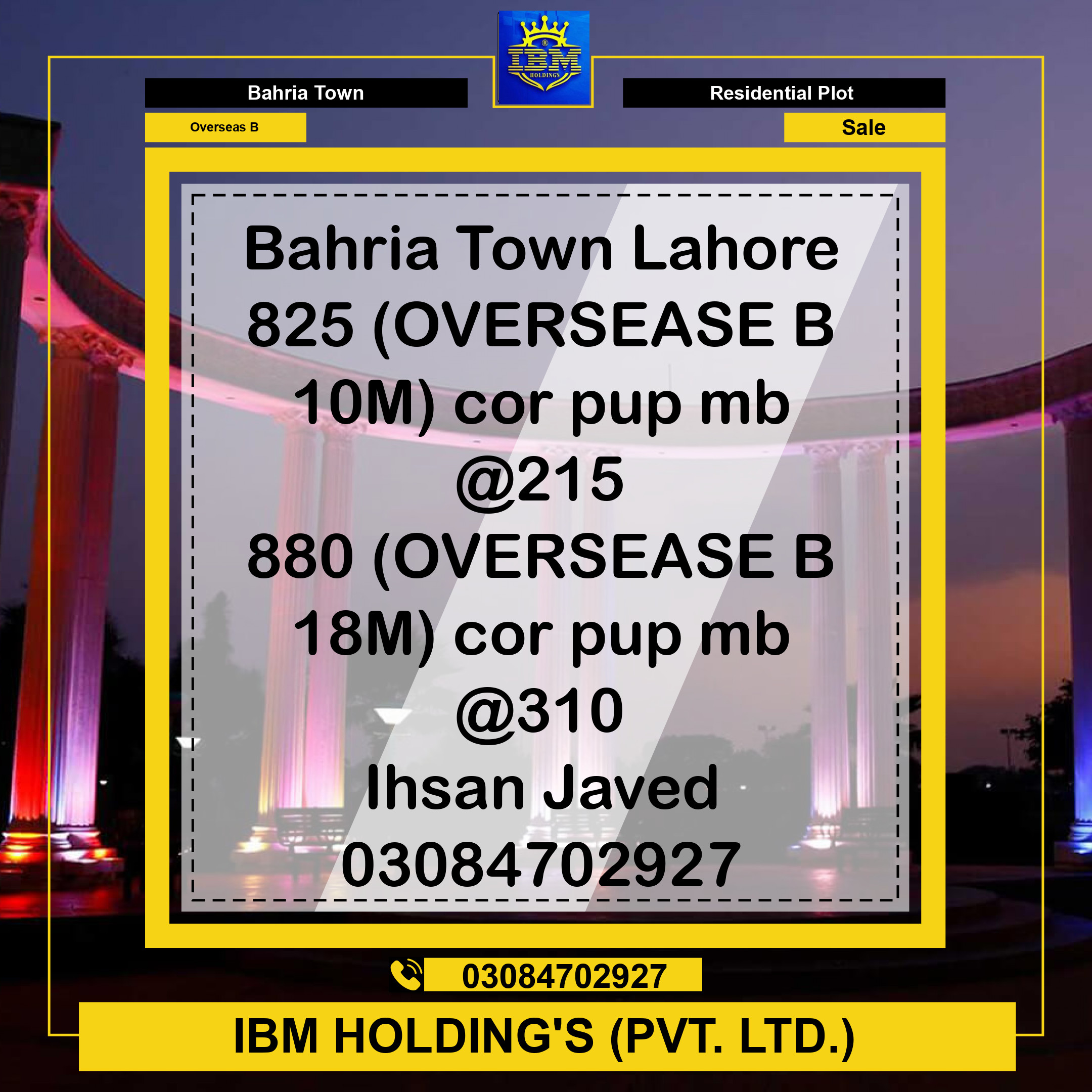 10 Marla Residential Plot for Sale in Overseas B -  Bahria Town, Lahore - (BP-353265)