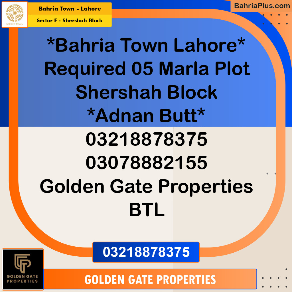 5 Marla Residential Plot for Sale in Sector F - Shershah Block -  Bahria Town, Lahore - (BP-353491)