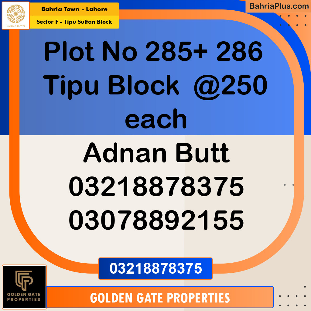 10 Marla Residential Plot for Sale in Sector F - Tipu Sultan Block -  Bahria Town, Lahore - (BP-353522)