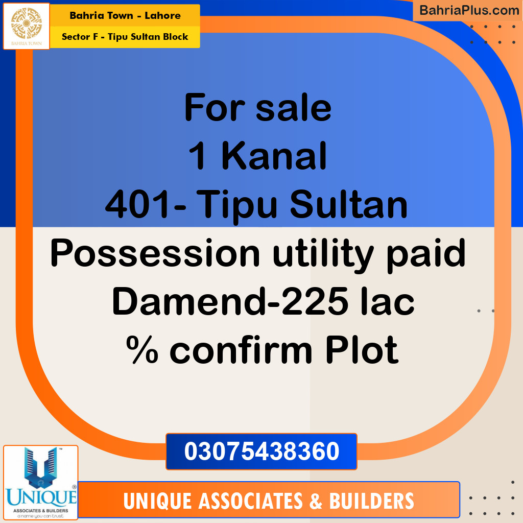 1 Kanal Residential Plot for Sale in Sector F - Tipu Sultan Block -  Bahria Town, Lahore - (BP-353605)
