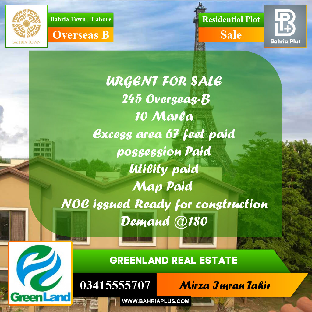 10 Marla Residential Plot for Sale in Overseas B -  Bahria Town, Lahore - (BP-353939)