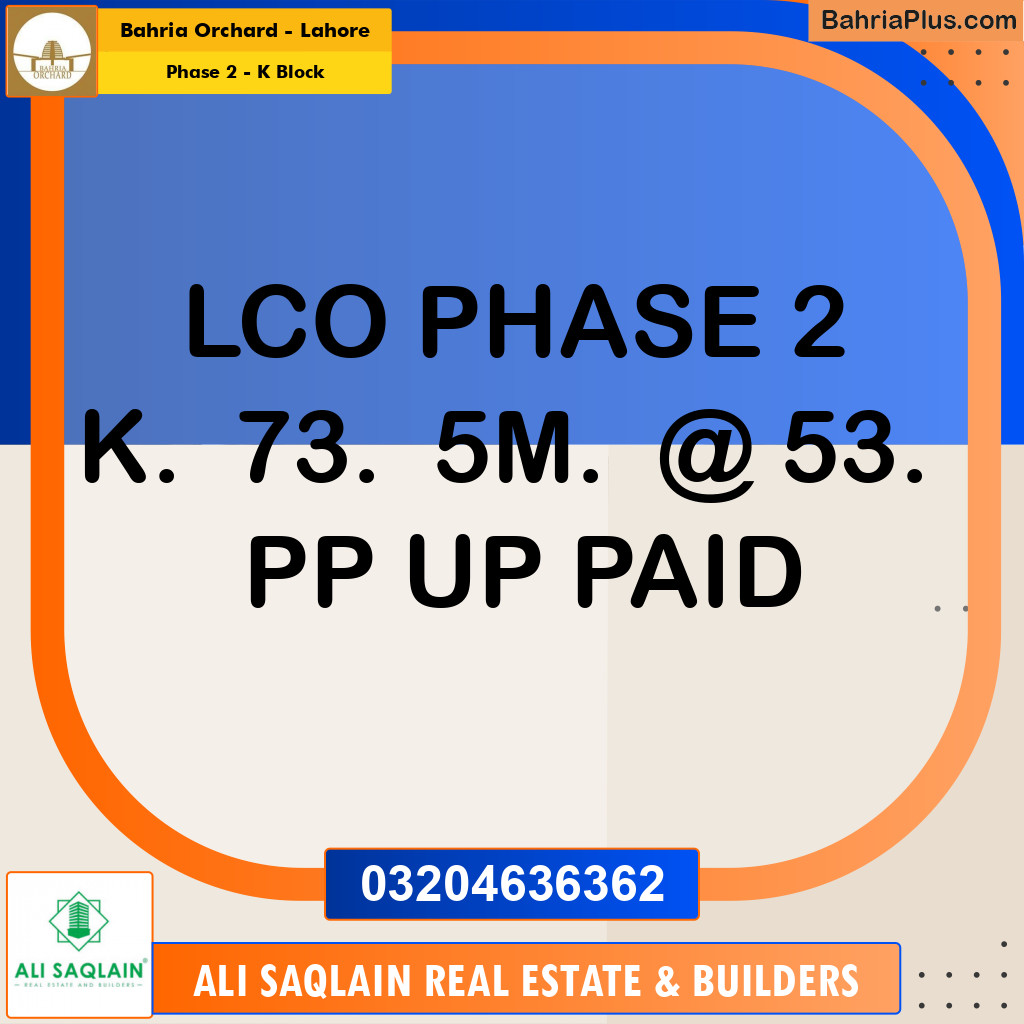5 Marla Residential Plot for Sale in Phase 2 - K Block -  Bahria Orchard, Lahore - (BP-354026)