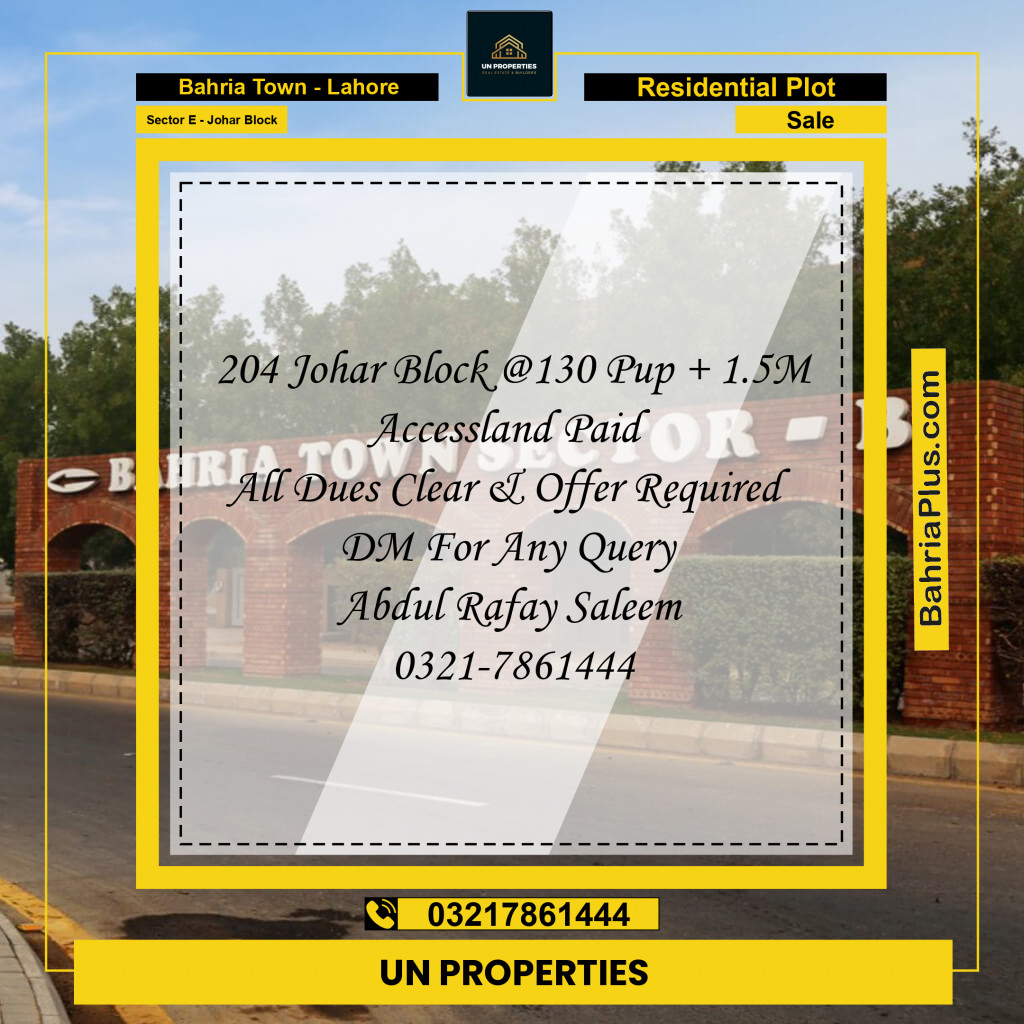11.5 Marla Residential Plot for Sale in Sector E - Johar Block -  Bahria Town, Lahore - (BP-354043)