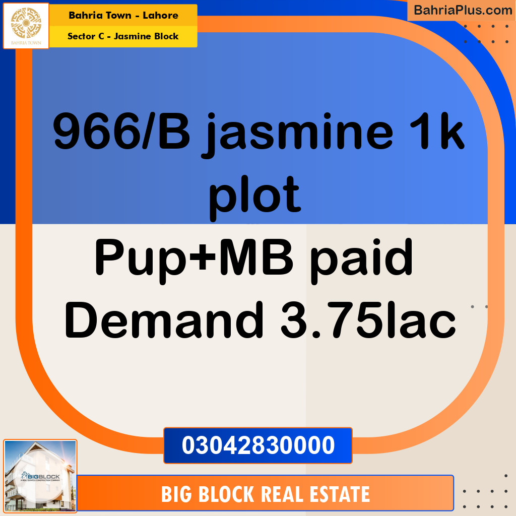1 Kanal Residential Plot for Sale in Sector C - Jasmine Block -  Bahria Town, Lahore - (BP-354266)