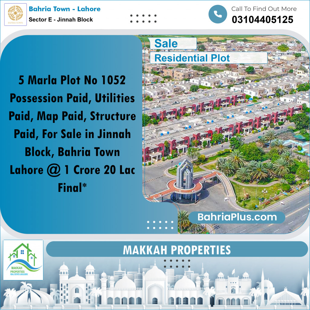 5 Marla Residential Plot for Sale in Sector E - Jinnah Block -  Bahria Town, Lahore - (BP-354496)