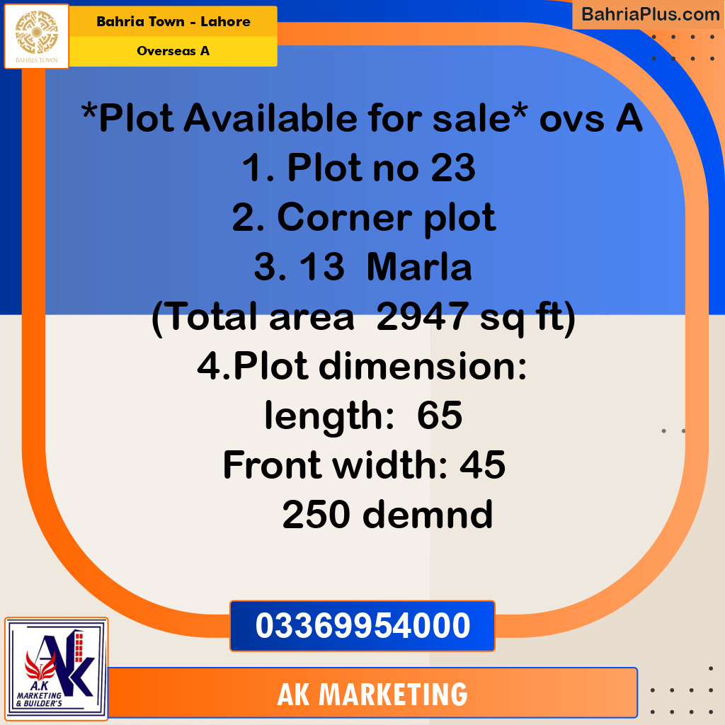 13 Marla Residential Plot for Sale in Overseas A -  Bahria Town, Lahore - (BP-354515)