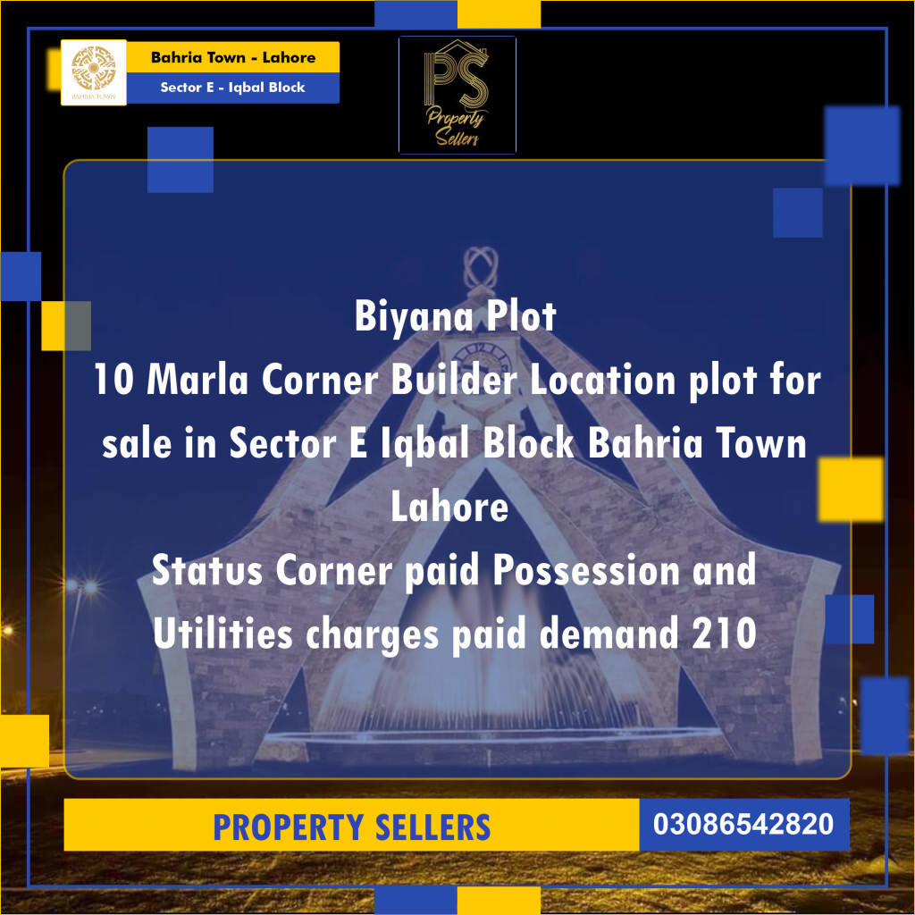 10 Marla Residential Plot for Sale in Sector E - Iqbal Block -  Bahria Town, Lahore - (BP-354602)