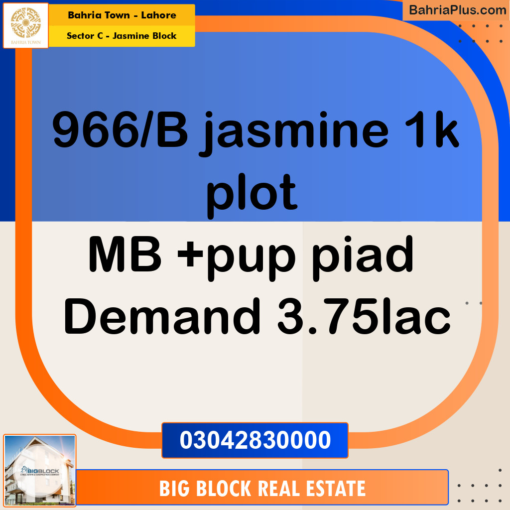 1 Kanal Residential Plot for Sale in Sector C - Jasmine Block -  Bahria Town, Lahore - (BP-354704)