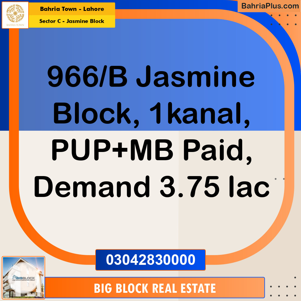 1 Kanal Residential Plot for Sale in Sector C - Jasmine Block -  Bahria Town, Lahore - (BP-354810)