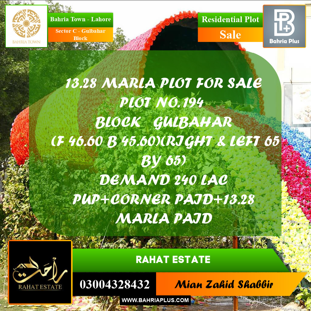 13 Marla Residential Plot for Sale in Sector C - Gulbahar Block -  Bahria Town, Lahore - (BP-354872)