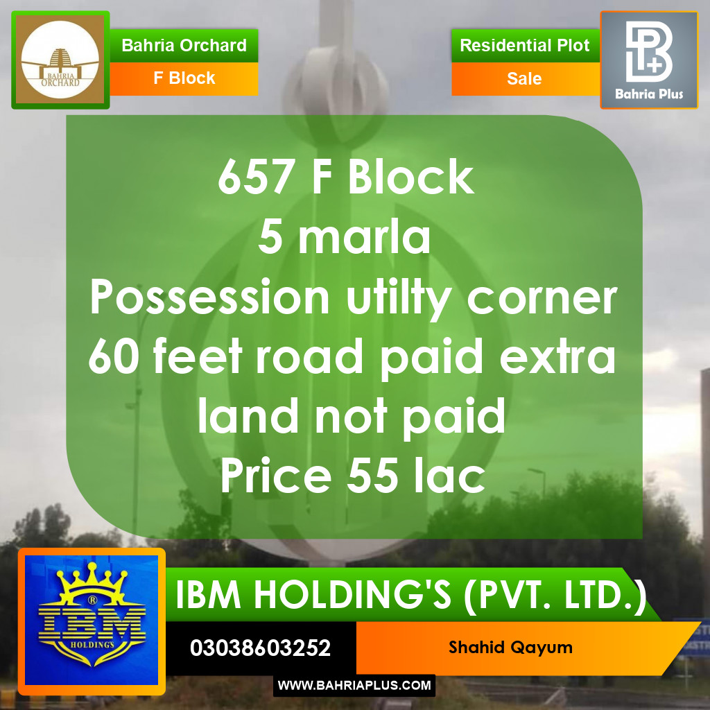 657 Marla Residential Plot for Sale in Phase 2 - F Block -  Bahria Orchard, Lahore - (BP-354896)